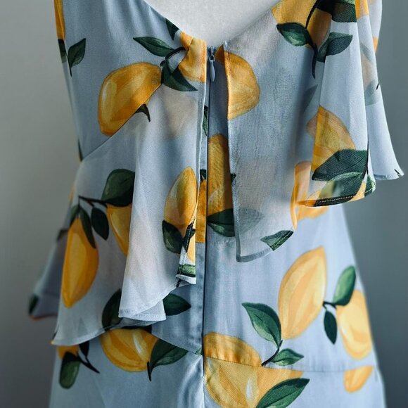 Melanie Lyne Icy Blue Lemon Print Asymmetrical Overlay Chiffon Maxi Dress – US 2 - Picture 14 of 15